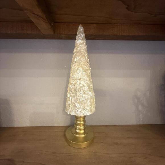 TableTop Cream Colored Poinsettia Christmas Tree With Gold Base & Accents - Picture 1 of 3